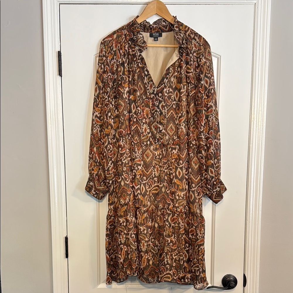 MSK WOMEN BROWN FLORAL V-NECK PLUS SIZE DRESS SIZE 3X